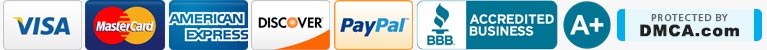 Visa, MasterCard, American Express, Discover and PayPal · BBB Accredited Business, A+ rating · Protected by DMCA.com